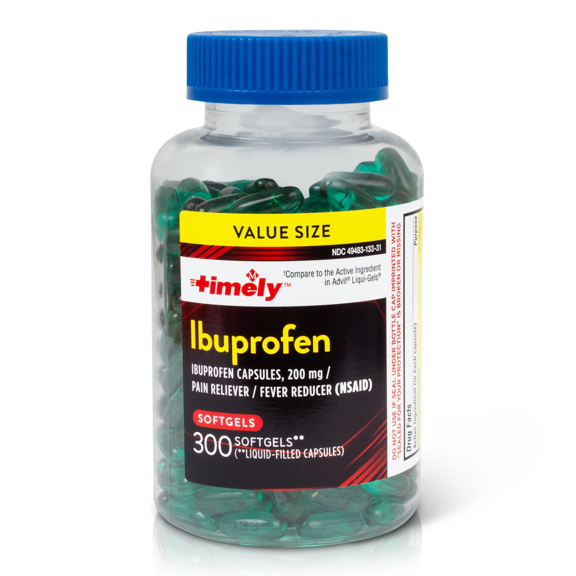 Timely Ibuprofen 200mg 300 Liquid Softgels Compared to Advil Liqui