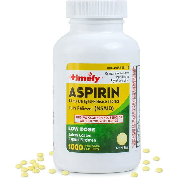 Timely - Low Dose Aspirin 81mg - 1000 Count -  Compared to Bayer Low Dose - Safety Coated Tablets