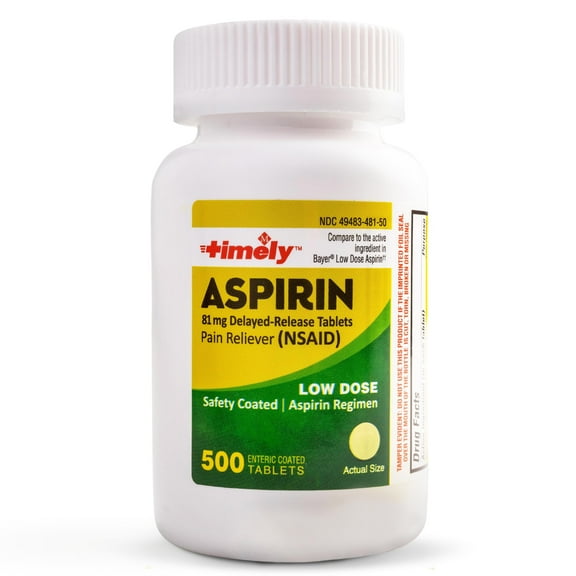 Timely - Low Dose Aspirin 81mg - 500 Tablets - Compared to the active ingredient in Bayer Low Dose - Enteric Coated Low Strength - Pain Reliever for Minor Aches and Pains, Fever Reducer - Made in USA