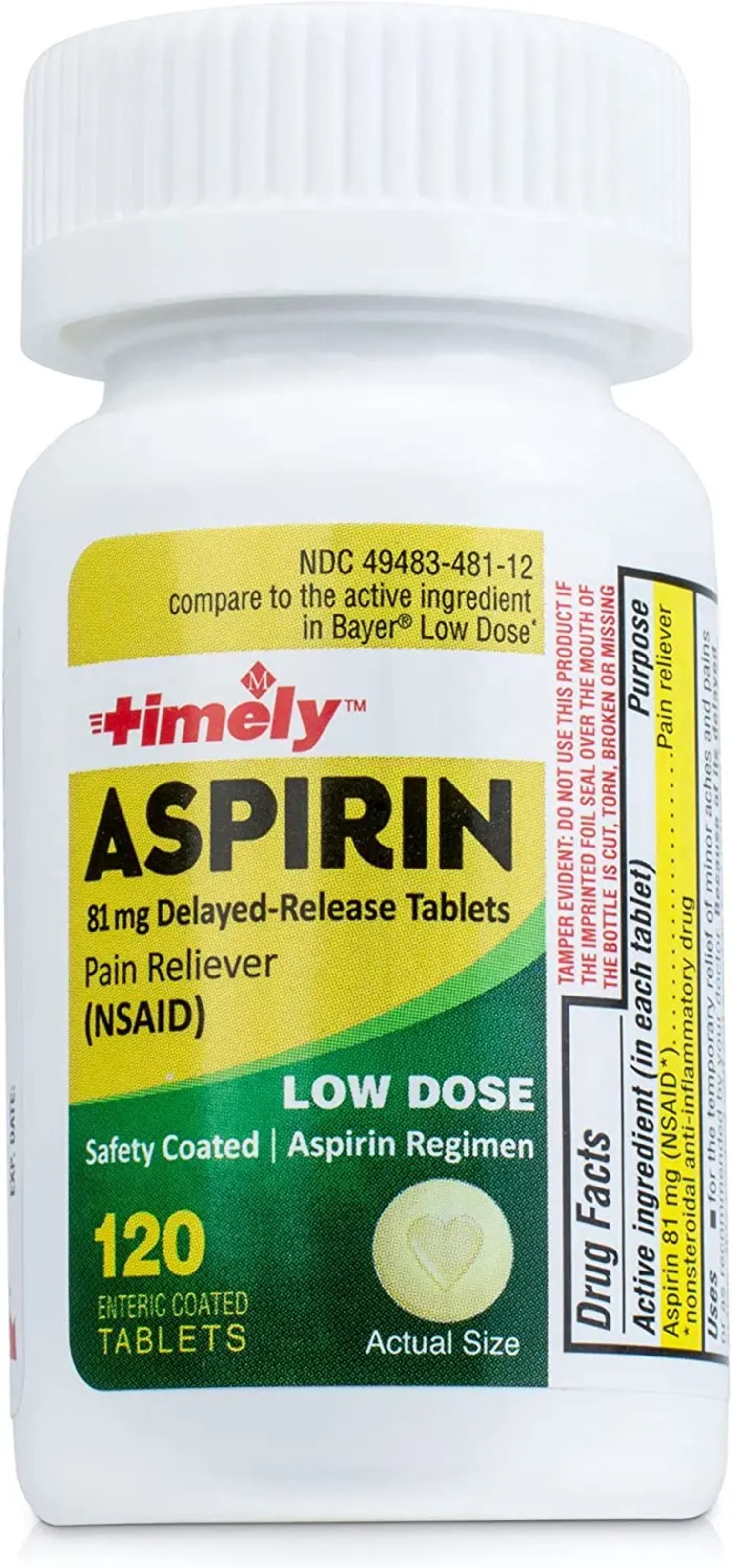 Timely Low Dose Aspirin 81mg for Adults 120 Count