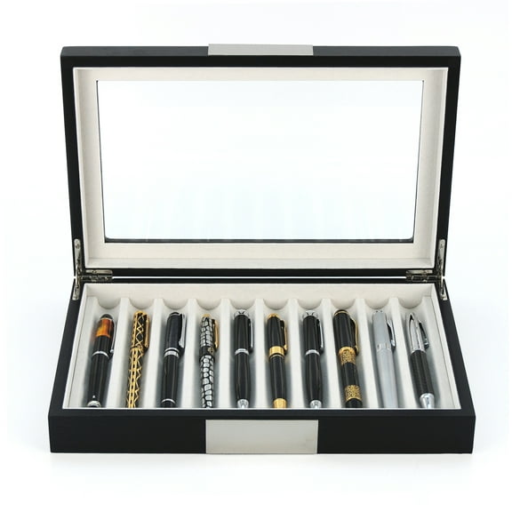 TimelyBuys 10 Piece Black Ebony Wood Pen Display Case Storage and Fountain Pen Collector Large Organizer Box with Glass Window Display Case
