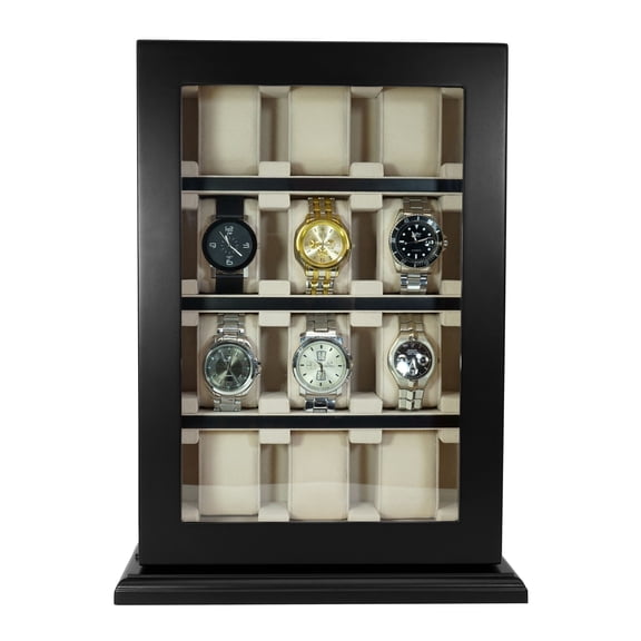 TimelyBuys 12 Piece Black Ebony Wood Watch Wall Hanging Display Case and Storage Organizer Box and Stand for Oversized Watches