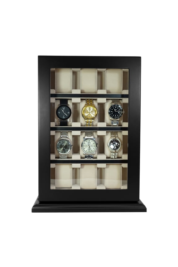 12 Piece Black Ebony Wood Watch Wall Hanging Display Case and Storage Organizer Box and Stand for Oversized Watches