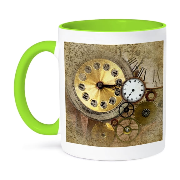 3dRose, Timepiece collection on antique old look colored background, 11oz Two-Tone Green Mug