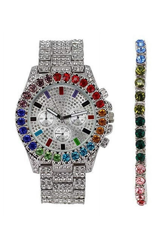 Timepiece Got Colors That Ain't Even on The Rainbow! Flawless Multi Color Big Diamond Ice Rollie w/Matching Rainbow Tennis Bracelet - ST10327LA (ST10327CO LA Rainbow Silver)