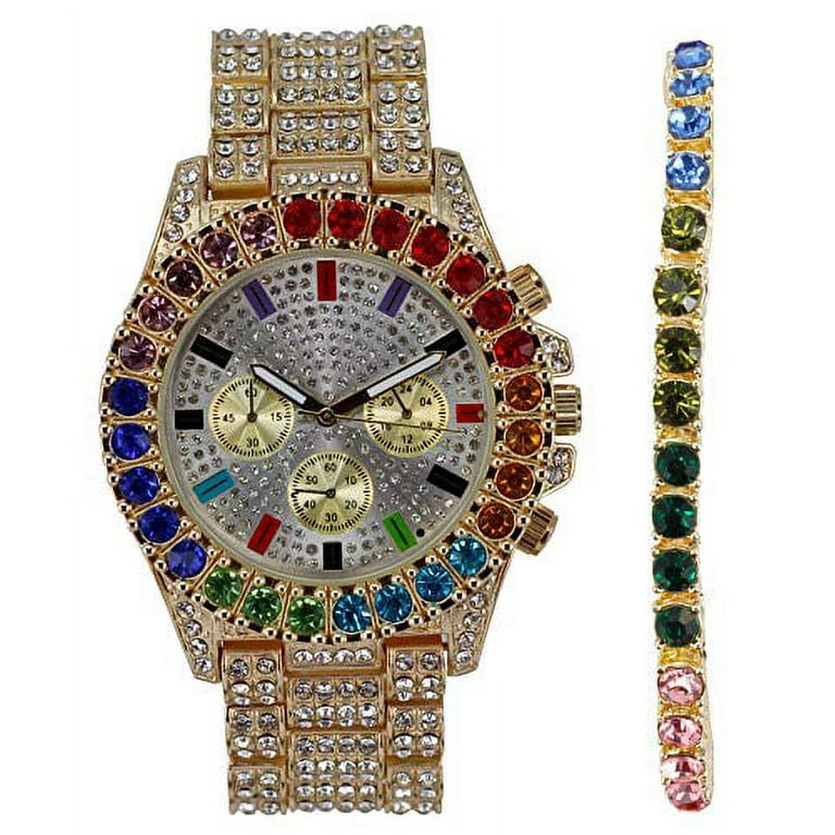 Timepiece Got Colors That Ain t Even On The Rainbow Flawless Multi Color Big Diamond Ice Rollie with Matching Rainbow Tennis Bracelet St10327la