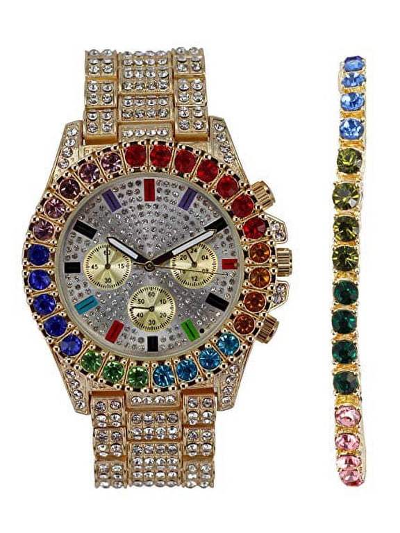 Timepiece Got Colors That Ain't Even on The Rainbow! Flawless Multi Color Big Diamond Ice Rollie with Matching Rainbow Tennis Bracelet - ST10327LA (ST10327CO LA Rainbow Gold)