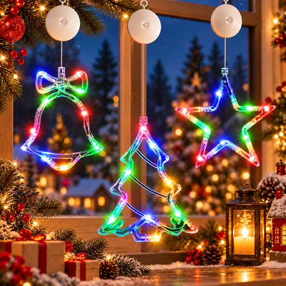 Timer 3Pcs Christmas Window Lights Decorations, Battery Powered Multicolor LED Sucker for Xmas Tree Fireplace Indoor Decor