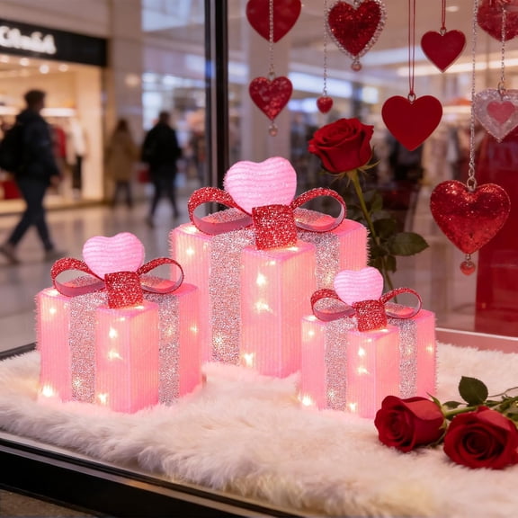 Timer & 8 Mode 3 Pack Valentines Decorations Pink Valentines Lighted Gift Boxes with Hearts Red Glitter Bow 60 LED Battery Operated Present Box Pink Decor for Indoor Outdoor Xmas Wedding Christmas