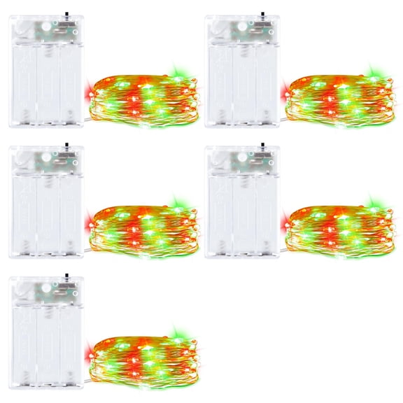 Timer-Enabled Fairy Lights, 5 Pack 7 FT 20 LED Waterproof Silver Wire String Lights, Battery Opeed Lights for Bedroom, Party, Wedding, Festive DIY Decoions, Red and Green