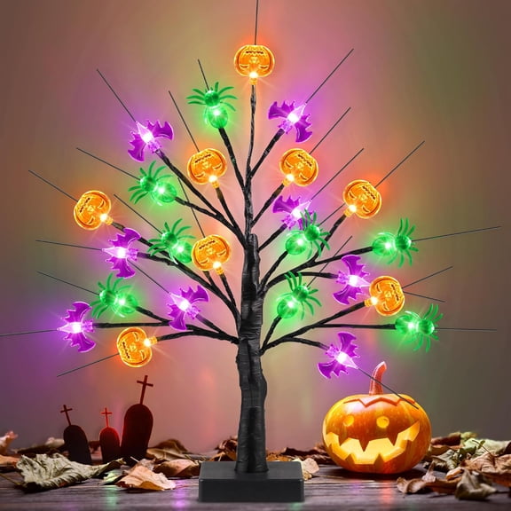 [Timer] Halloween Decor 24 Inch Black Halloween Tree with 24 LED Pumpkin Bat Spider Light, USB/Battery Operated Lighted Birch Tree Spooky Halloween Table Decorations Indoor Outdoor for Home Room Party