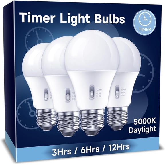 Timer LED Light Bulbs 4 Pack, 13W (100W Equivalent) LED Bulb, Built-in Automatic Timer, 5000K Daylight A19, Automatic On/Off Security Light Bulb