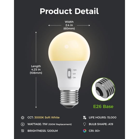 Timer Light Bulb, A19 Equivalent 100W LED Bulb, 12/6/3H Built-in Automatic Timer, 11W 3000K Soft White, 1200LM, E26 Base, Non-Dimmable, Auto On/Off for Outdoor & Indoor Security, 4 Pack
