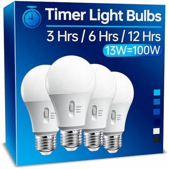Timer Light Bulb Indoor: Light Bulb with Timer Built in 13W Equivalent 100W, A19 LED Light Bulbs Daylight 5000K, Automatic On/Off, Light Bulbs for Lamps Indoor, Porch Garage Security, 4Pack