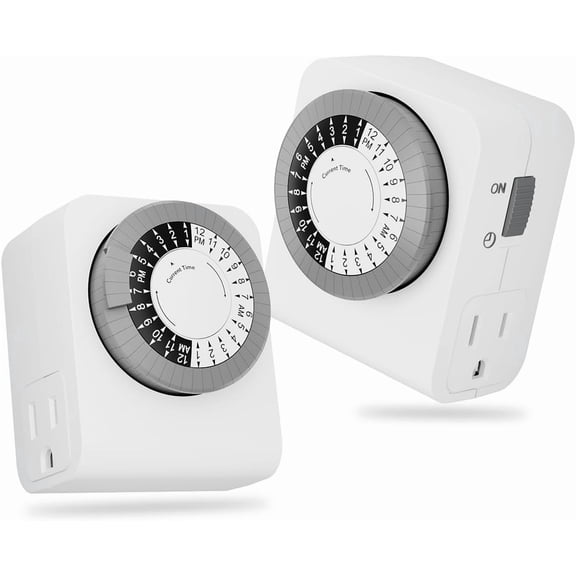 Timer Outlet with 2 Grounded Outlets, Mechanical Light Timers for Electrical Outlets Indoor, 24-Hour 3-Prong Timer Outlet for Lamp, Indoor Lighting and Christmas Lights, 15A/1875W, 2 Pack