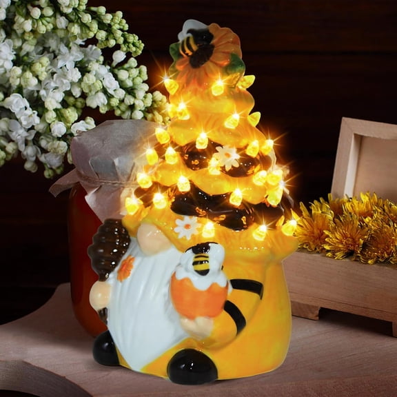 Timer - Spring Bumble Bee Gnomes Decorations Lighted Up Gnome Ceramic Tree, Rustic Farmhouse Kitchen Table Bee Decor, Summer Sunflower Home Decor Gifts