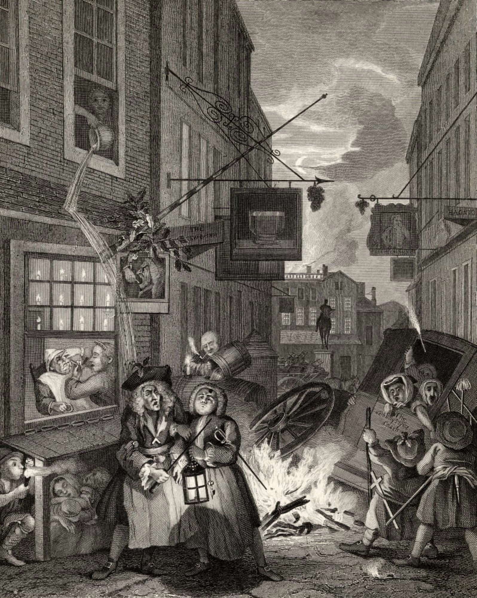 Times Of The Day Night From The Original Picture By Hogarth From The Works Of Hogarth Published London 1833 Canvas Art - Ken Welsh Design Pics (24 x 32)