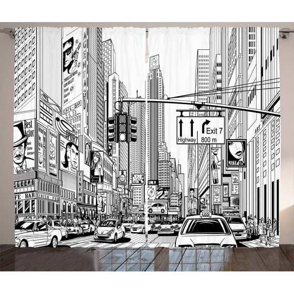 Ambesonne New York Curtains 2 Panel Set, Downtown Manhattan, 108" x 84", Black and White