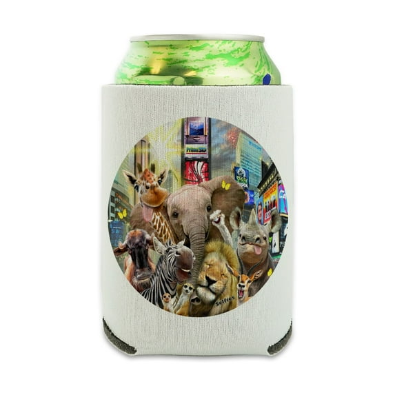 Times Square New York Selfie Elephant Giraffe Lion Zebra Can Cooler - Drink Sleeve Hugger Collapsible Insulator - Beverage Insulated Holder