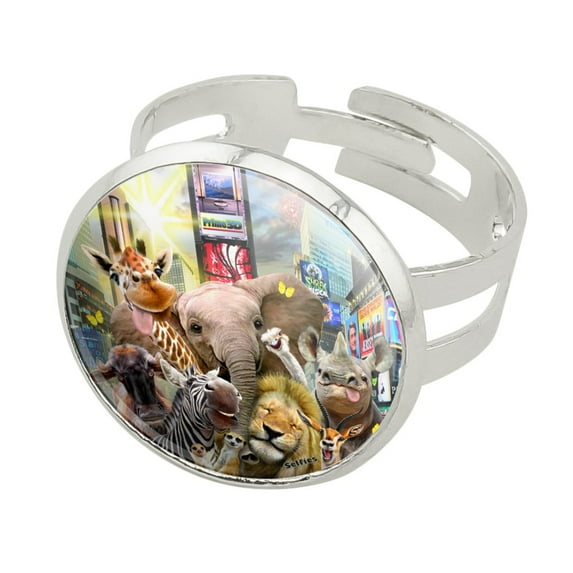 Times Square New York Selfie Elephant Giraffe Lion Zebra Silver Plated Adjustable Novelty Ring