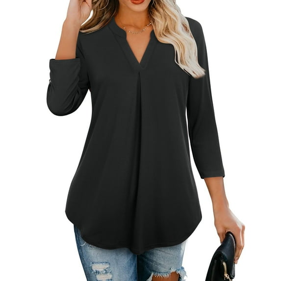 Timeson 3/4 Sleeve Henley V Neck strectchable Tunic Blouse, Black