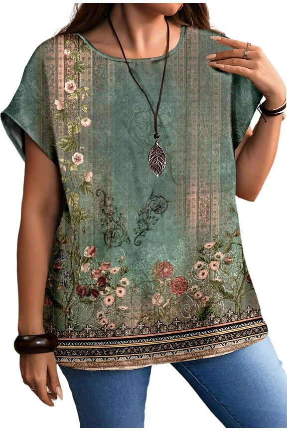 Plus Size Tops For Women Vintage Floral Print Loose Short Sleeve T-Shirt Casual Summer Crew Neck Top