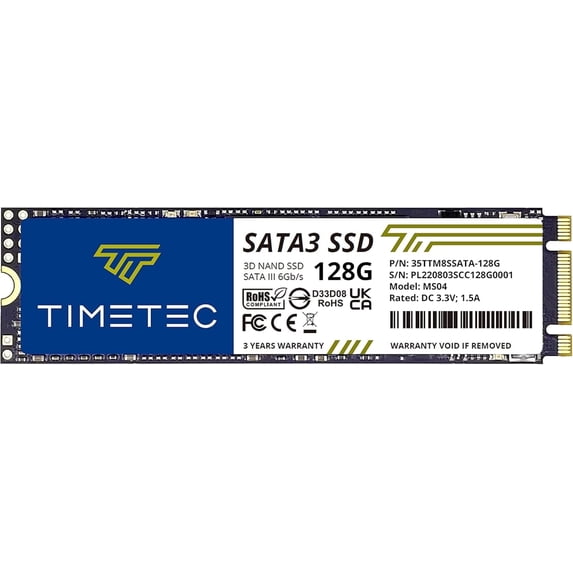 Timetec 128GB SSD 3D NAND SATA III 6Gb/s M.2 2280 NGFF 64TBW Read Speed Up to 550MB/s SLC Cache Performance Boost Internal Solid State Drive for PC Computer Laptop and Desktop (128GB)