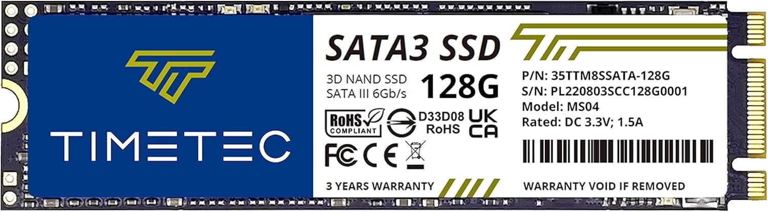 Timetec 128GB SSD 3D and TLC SATA III 6Gb/S M.2 2280 NGFF 64TBW Velocidad de Lectura de hasta 500MB/S SLC Caché Mejora el Rendimiento Unidad Interna de Estado Sólido para Computadora Portátil y de Escritorio (128GB)