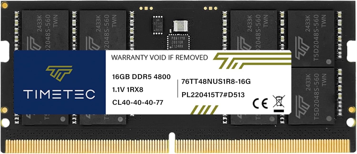 Timetec 16GB DDR5 4800MHz PC5-38400 Unbuffered Non-ECC 1.1V CL40 1Rx8 Single Rank 262Pin SODIMM Laptop Memory RAM Module Upgrade (16GB)