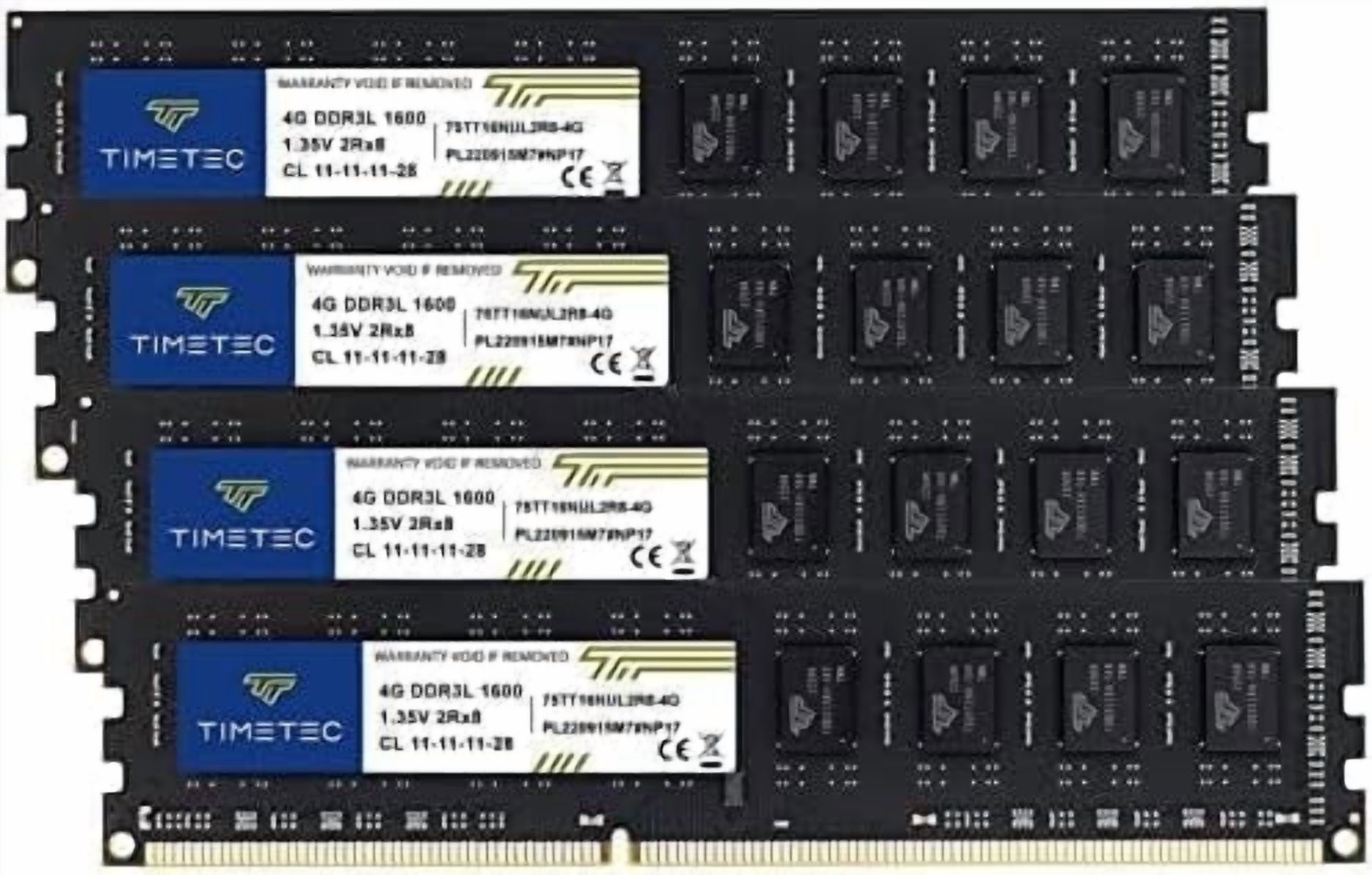 Timetec 16GB Kit (4x4GB) DDR3L 1600MHz PC3L-12800 Desktop RAM Memory, 240-Pin UDIMM, Non-ECC Unbuffered, 1.35V/1.5V CL11, Dual Rank 2Rx8