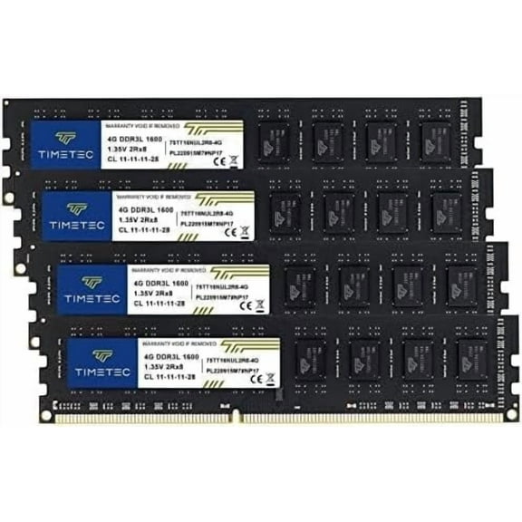 Timetec 16GB Kit (4x4GB) DDR3L 1600MHz PC3L-12800 Desktop RAM Memory, 240-Pin UDIMM, Non-ECC Unbuffered, 1.35V/1.5V CL11, Dual Rank 2Rx8