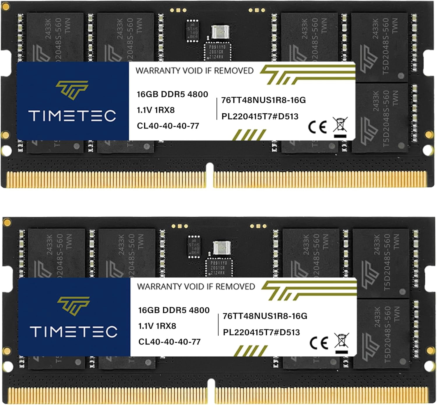Timetec 32GB Kit (2x16GB) DDR5 Laptop RAM Memory, 4800MHz PC5-38400, SODIMM 262-Pin, Unbuffered Non-ECC, 1.1V CL40, Single Rank 1Rx8