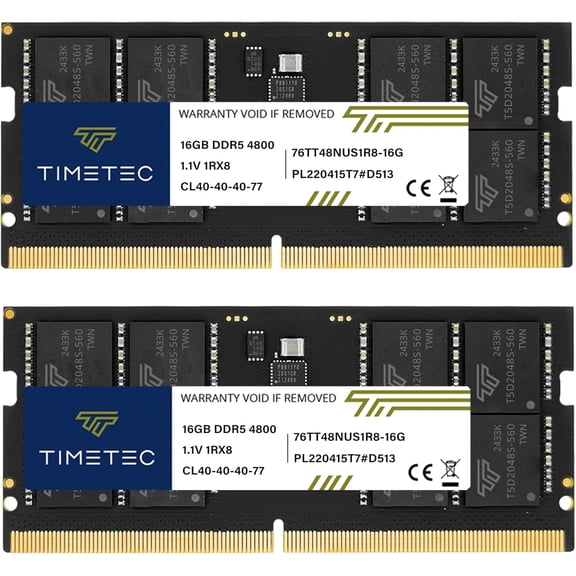 Timetec 32GB Kit (2x16GB) DDR5 Laptop RAM Memory, 4800MHz PC5-38400, SODIMM 262-Pin, Unbuffered Non-ECC, 1.1V CL40, Single Rank 1Rx8