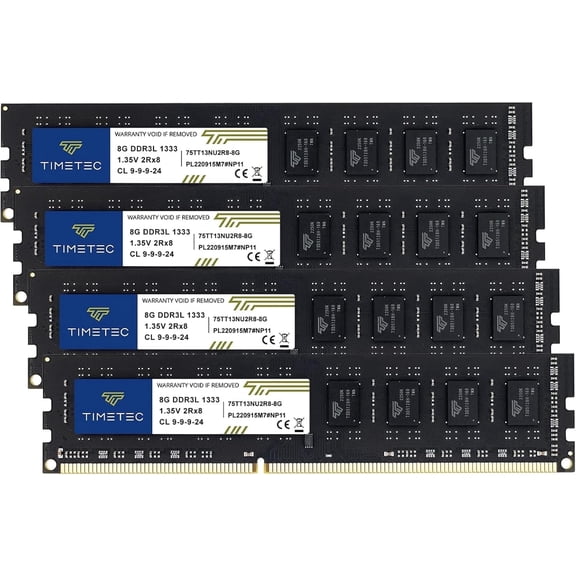 Timetec 32GB Kit (4x8GB) DDR3 1333MHz PC3-10600 Desktop RAM Memory, 240-Pin UDIMM, Non-ECC Unbuffered, 1.5V/1.35V CL9, Dual Rank 2Rx8