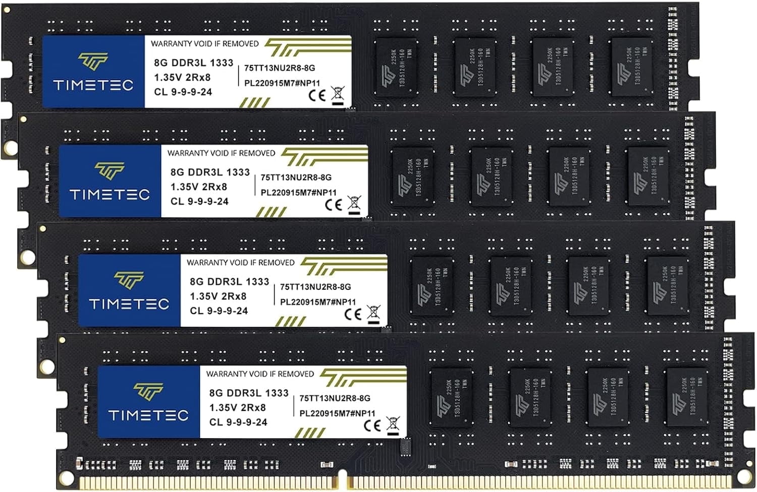 Timetec 32GB Kit (4x8GB) DDR3 1333MHz PC3-10600 Desktop RAM Memory, 240-Pin UDIMM, Non-ECC Unbuffered, 1.5V/1.35V CL9, Dual Rank 2Rx8