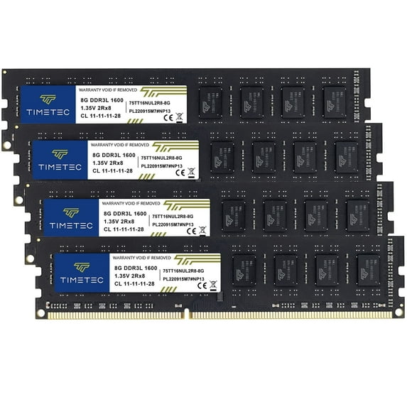 Timetec 32GB Kit (4x8GB) DDR3L 1600MHz PC3L-12800 Desktop RAM Memory, 240-Pin UDIMM, Non-ECC Unbuffered, 1.35V/1.5V CL11, Dual Rank 2Rx8