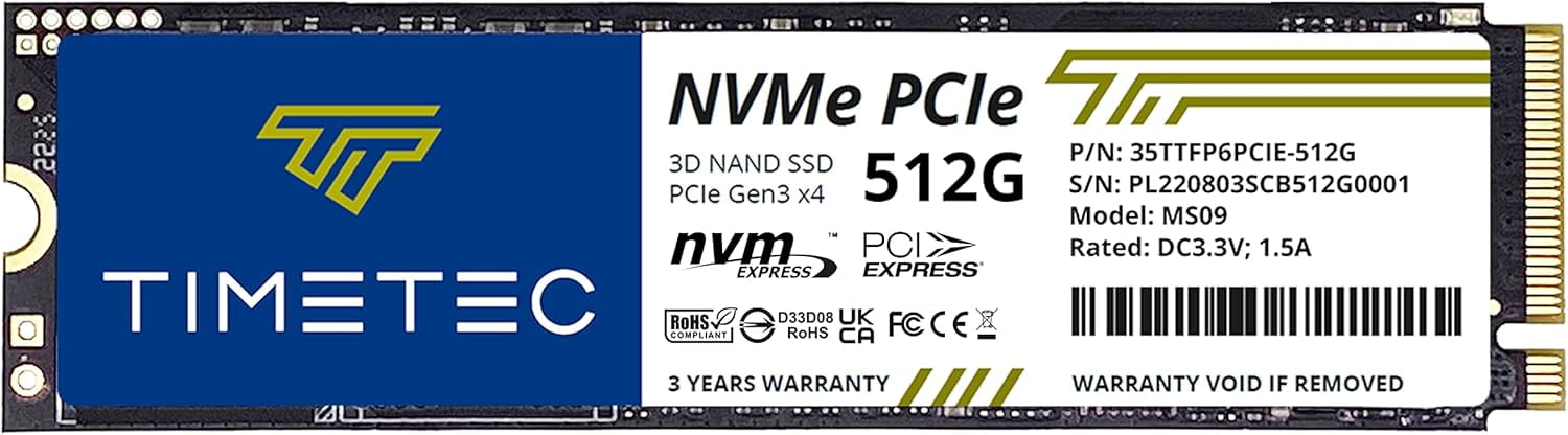 Timetec 512GB SSD NVMe PCIe Gen3x4 8Gb/s M.2 2280 3D NAND High Performance SLC Cache Read/Write Speed Up to 2,000/1,600 MB/s Internal Solid State Drive for PC Laptop and Desktop