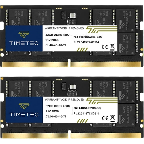 Timetec 64GB Kit (2x32GB) DDR5 Laptop RAM Memory, 4800MHz PC5-38400, SODIMM 262-Pin, Unbuffered Non-ECC, 1.1V CL40, Dual Rank 2Rx8