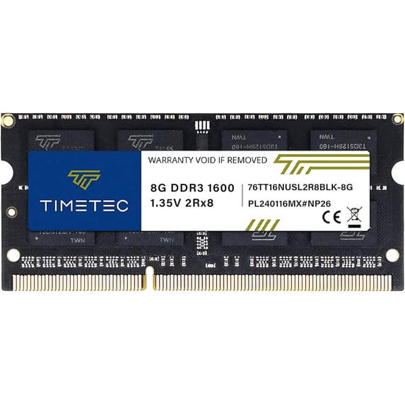 Timetec 8GB DDR3L / DDR3 1600MHz (DDR3L-1600) PC3L-12800 / PC3-12800(PC3L-12800S) Non-ECC Unbuffered 1.35V/1.5V CL11 2Rx8 204 Pin SODIMM Memory RAM Module Upgrade Black PCB