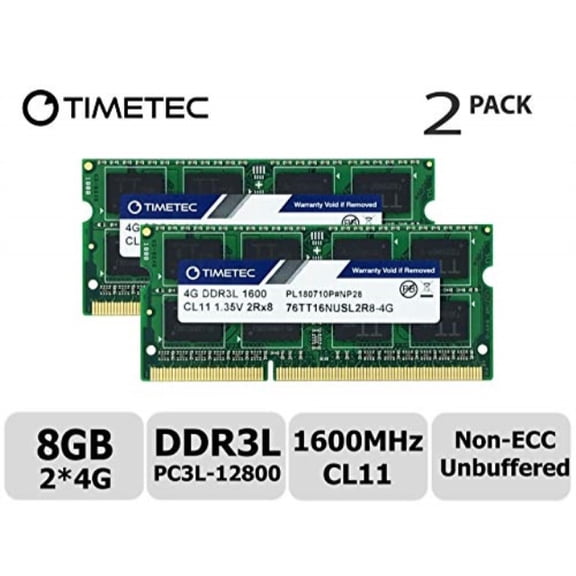 Timetec 8GB Kit (2x4GB) DDR3L Laptop RAM Memory, 1600MHz PC3L-12800/PC3-12800, SODIMM 204-Pin, Non-ECC Unbuffered, 1.35V/1.5V CL11, Single Rank 1Rx8