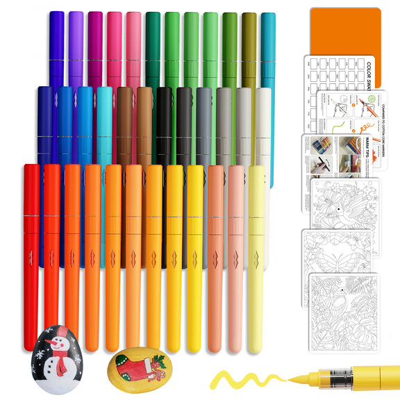 Timetome 36-Color Acrylic Paint Markers, Brush Tip, for Rock Painting, Ceramic, Wood, Canvas, Glass, Stone and Fabric