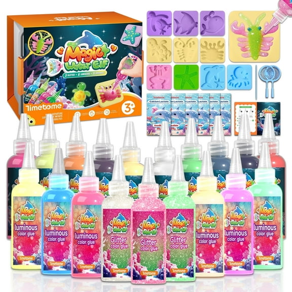 Timetome Magic Water Elf Toy Kit for Kids – 20 Gels (11 Normal + 6 Glow + 3 Glitter) &10 Molds DIY Squishy Maker, Aqua Puffs, Water Toys & Pets, Aqua Fairy Gel Kit, Birthday Gift for Boys & Girls 3+