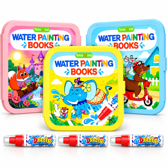 Timetome 3-Pack Water Painting Books for Kids Ages 3+, Reusable Water Coloring & Paint with Water Books with 3 Pens, Mess-Free Activity
