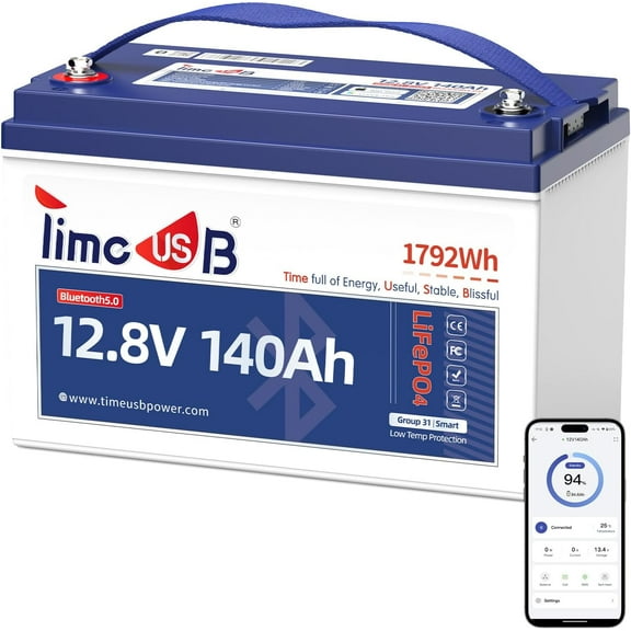 Timeusb 12V 140Ah LiFePO4 Battery with Bluetooth, Timeusb Lithium Battery with Low-temp Protection, 700A Discharge @1s, 150A BMS, Group31, Perfect for Trolling Motors, Yacht, Boats, RVs, Off-Grid