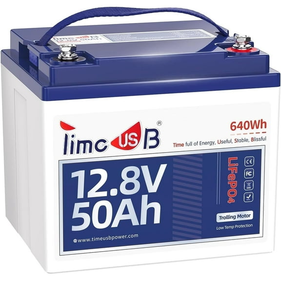 Timeusb 12V 50Ah TM LiFePO4 Battery with Low-temp Protection, 15000+ Cycles Battery with Grade A Cells, Built-in 50A BMS, Deep Cycle Lithium Battery Perfect for Trolling Motor, Kayak, RV,Camping