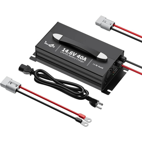 Timeusb 14.6V 40A Fast Charging LiFePO4 Battery Charger with 40A Large Output Current, Smart Activation Function Lithium Battery Charger with LED Indicator & Wire Lugs, Wall Mounted Design