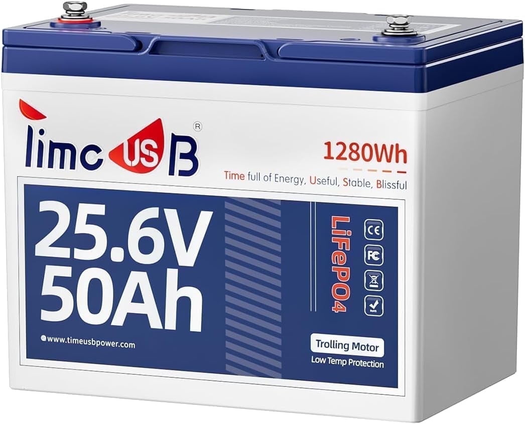 Timeusb 24V 50Ah LiFePO4 Lithium Battery Enhanced Version,Group 24,IP65,Low-Temp Protection,Deep Cycle Battery,Fit for High Power Motors/Equipment/RV