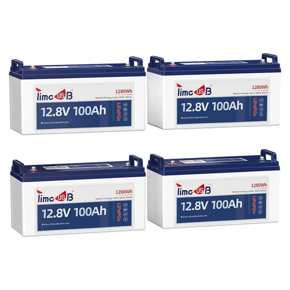 Timeusb 4 Pack 12V 100Ah LiFePO4 Battery, 4000+ Deep Cycle Lithium Battery, Built-in 100A BMS, Ideal for Trolling Motor, RV, Solar Panel Systems,etc.