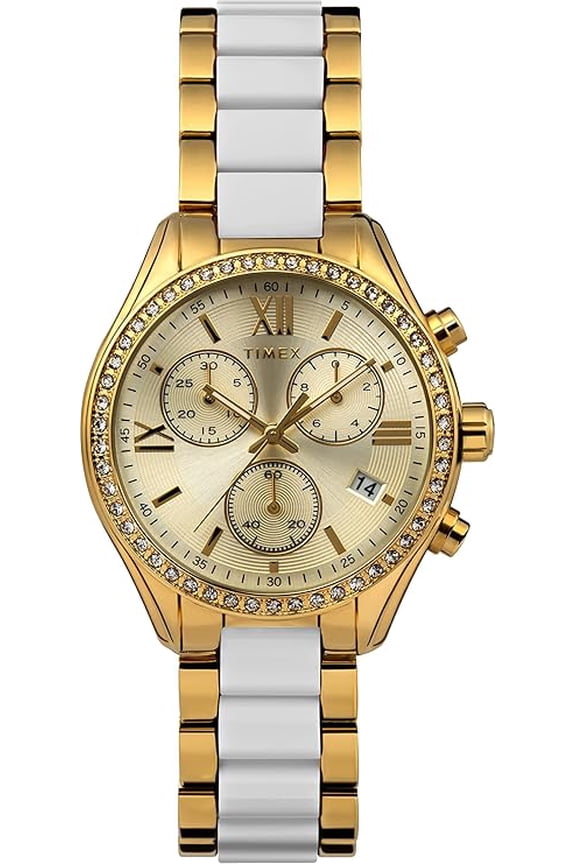 Classic Chronograph Quartz Crystal Gold Dial Ladies Watch