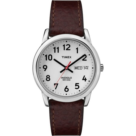 Timex Men's Easy Reader 35mm Day-Date Watch – Silver-Tone Case White Dial with Dark Brown Leather Strap